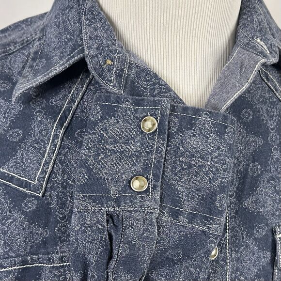Wrangler Retro Small Western Pearl Snap Shirt Blue Denim Paisley 100% Cotton - Picture 4 of 5